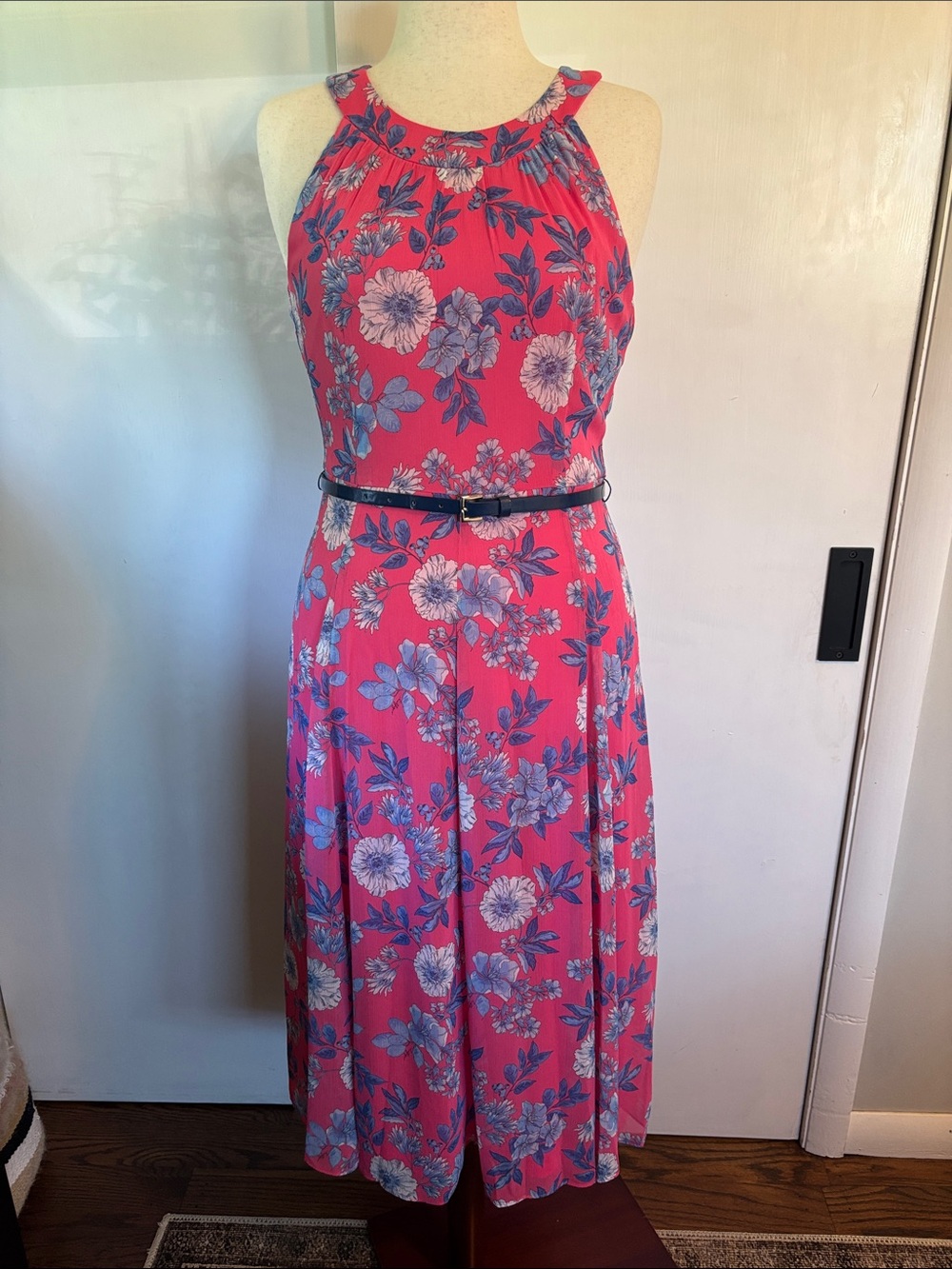 Tommy Hilfiger Pink Floral Halter Midi Dress with Blue Blooms